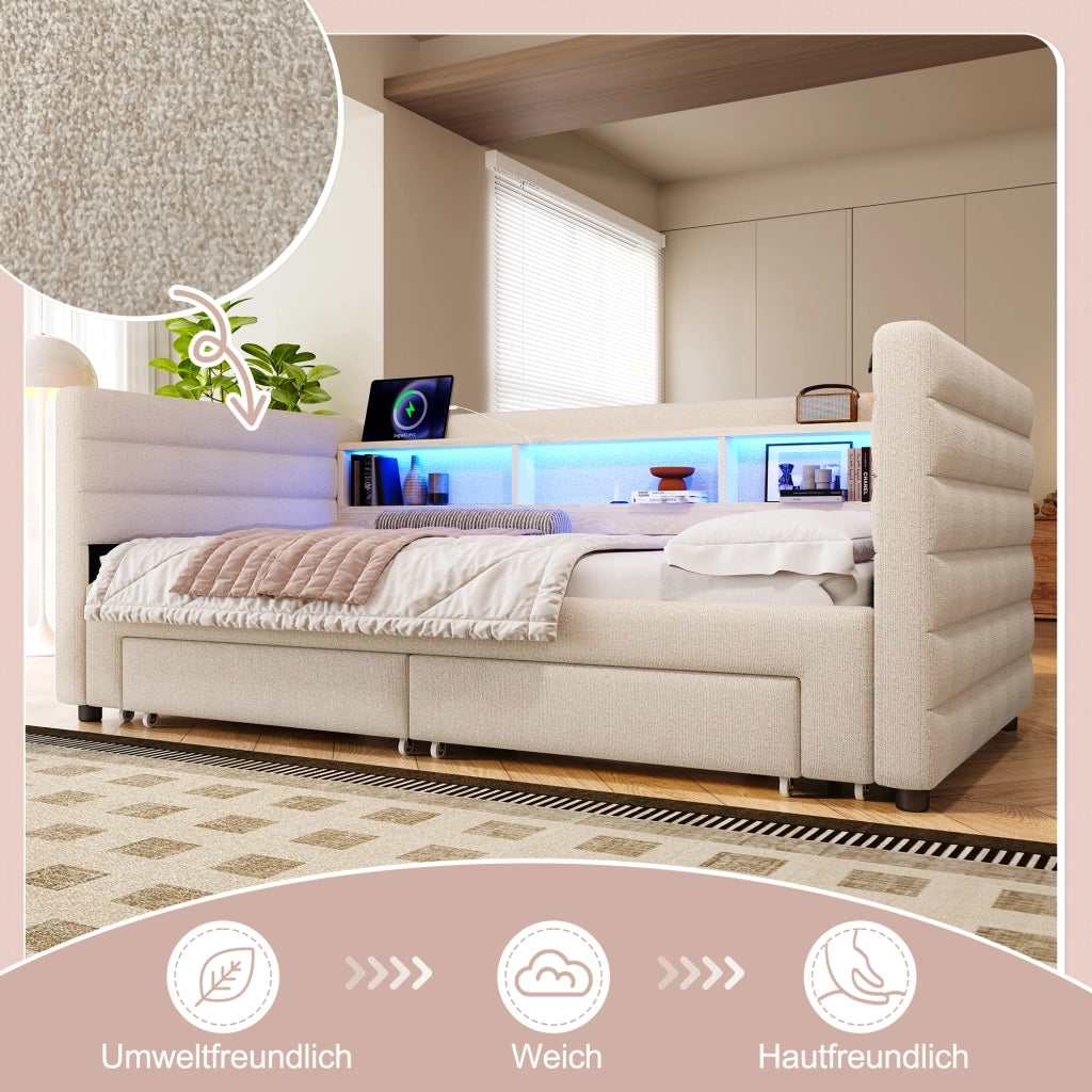 LETTO estraibile 90x190 cm in velluto beige con cassetti e luci LED