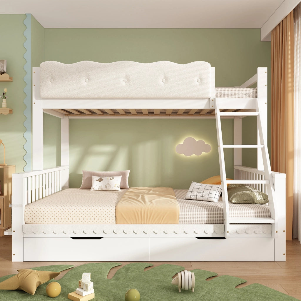 Letto a castello 90×200 cm e 140×200 cm con 2 cassetti e portariviste; senza materasso; legno; bianco