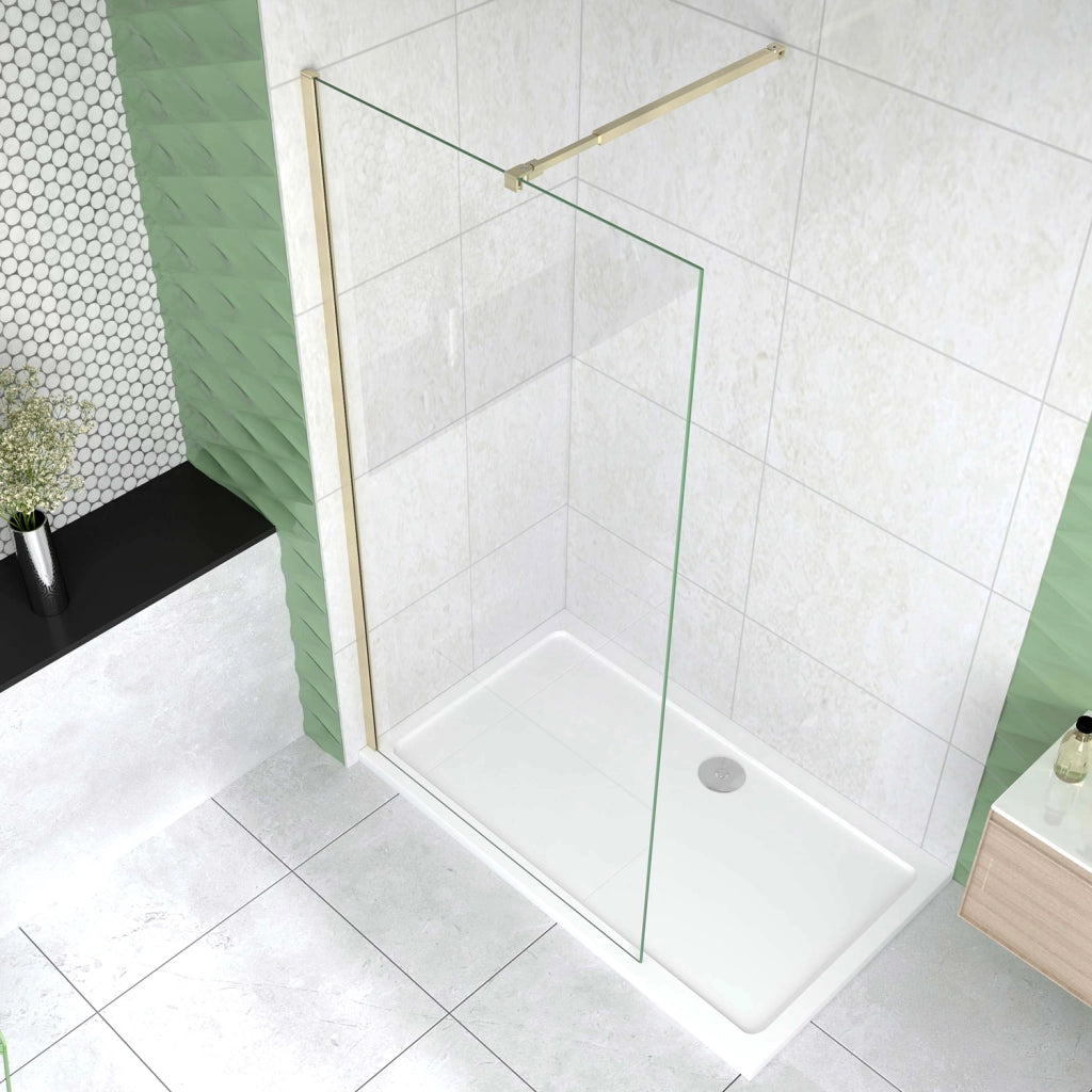 Box Doccia Walk In 85x200 cm Parete Fissa Vetro 8 mm Trasparente Anticalcare Oro Spazzolato con Barra Stabilizzatrice 73-120 cm