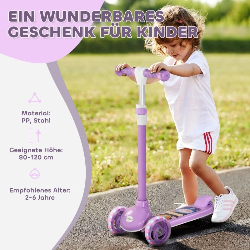 Monopattino per bambini, ruote a LED, guida fluida, altezza regolabile, plastica, acciaio, viola