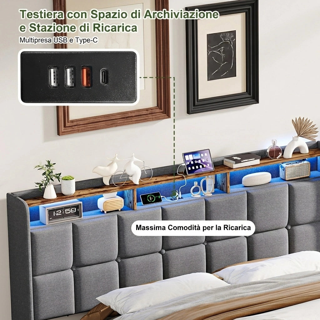 Letto matrimoniale 160x200 cm con contenitore LED USB testiera con mensola rete a doghe in lino - grigio