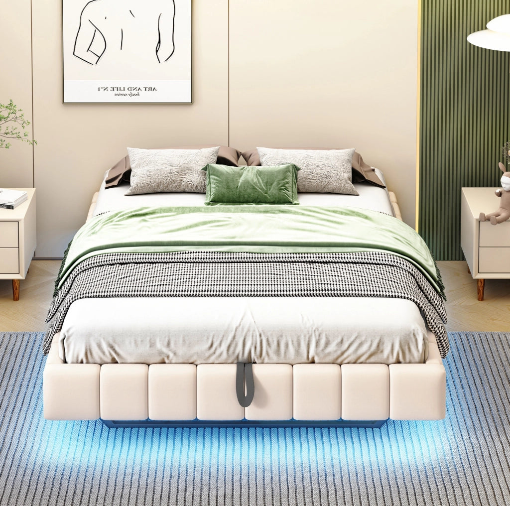 Letto imbottito 140x200 cm con contenitore e LED; beige