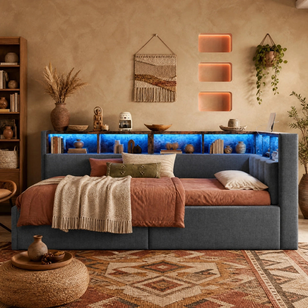 LETTO 90x200 cm in lino grigio con LED, USB e Type-C, senza materasso