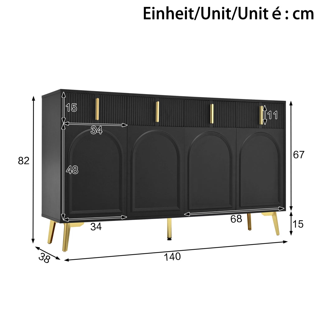 MADIA 140x38x82 cm 4 ante 4 cassetti MDF nero con dettagli oro