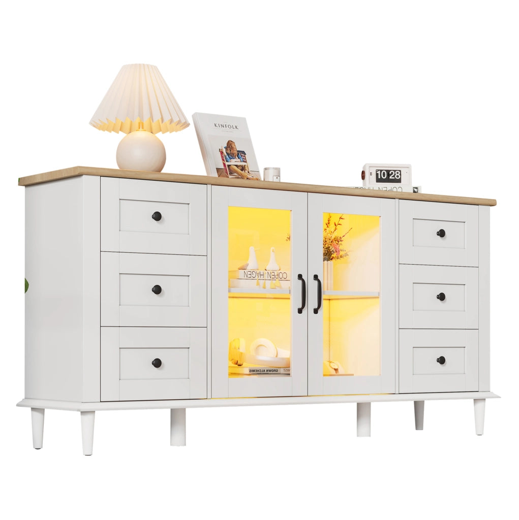 Sideboard 150x40x75 cm con 6 cassetti; 2 ante in acrilico e LED in MDF bianco e naturale