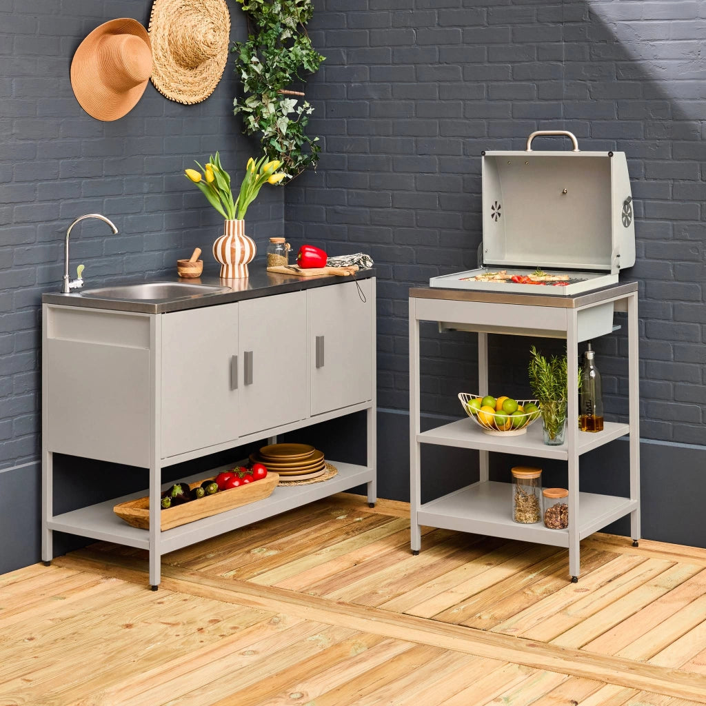 Cucina esterna, 2 moduli e barbecue a carbone con lavandino, beige
