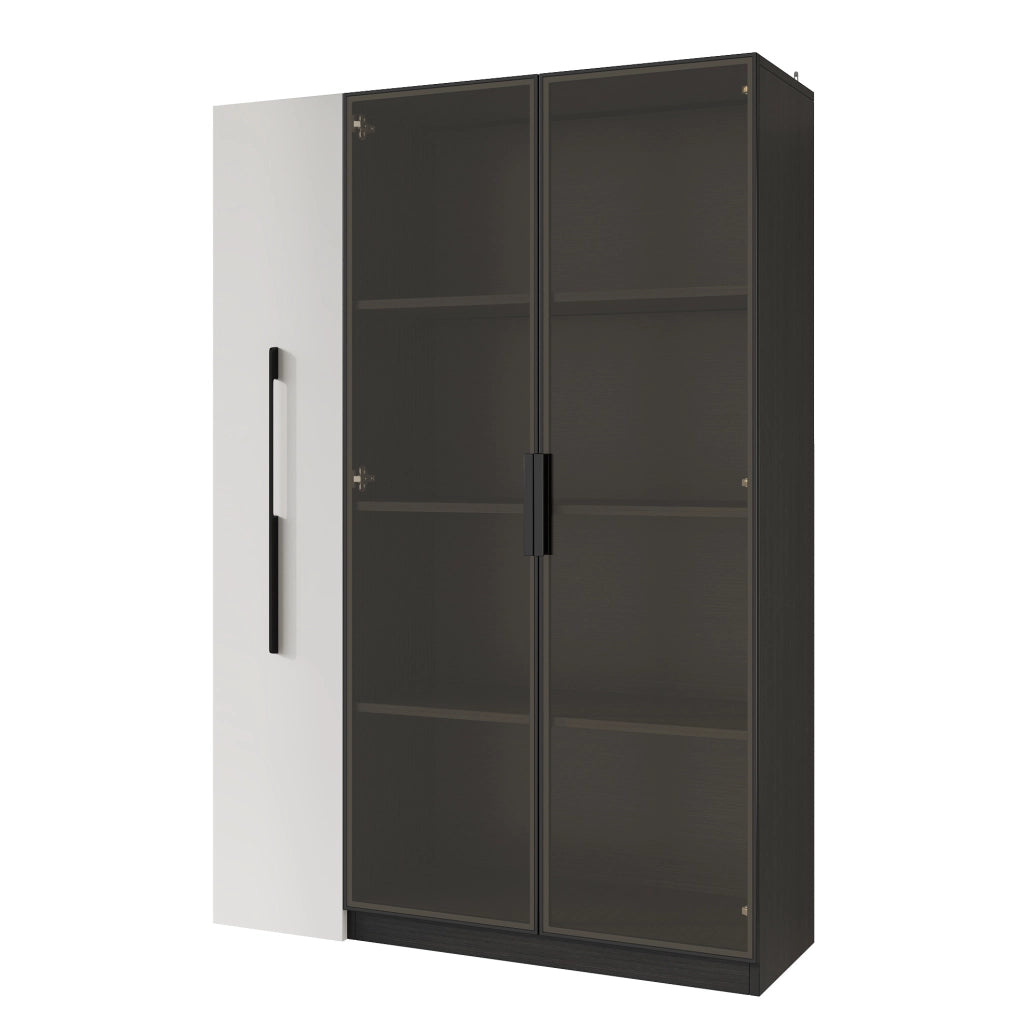 Vetrina 110.5x35x160 cm con LED e vano estraibile laterale in MDF e vetro nero