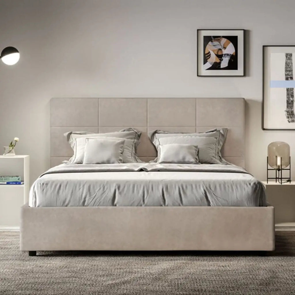 Letto matrimoniale contenitore imbottito 160x210 microfibra sabbia Mika