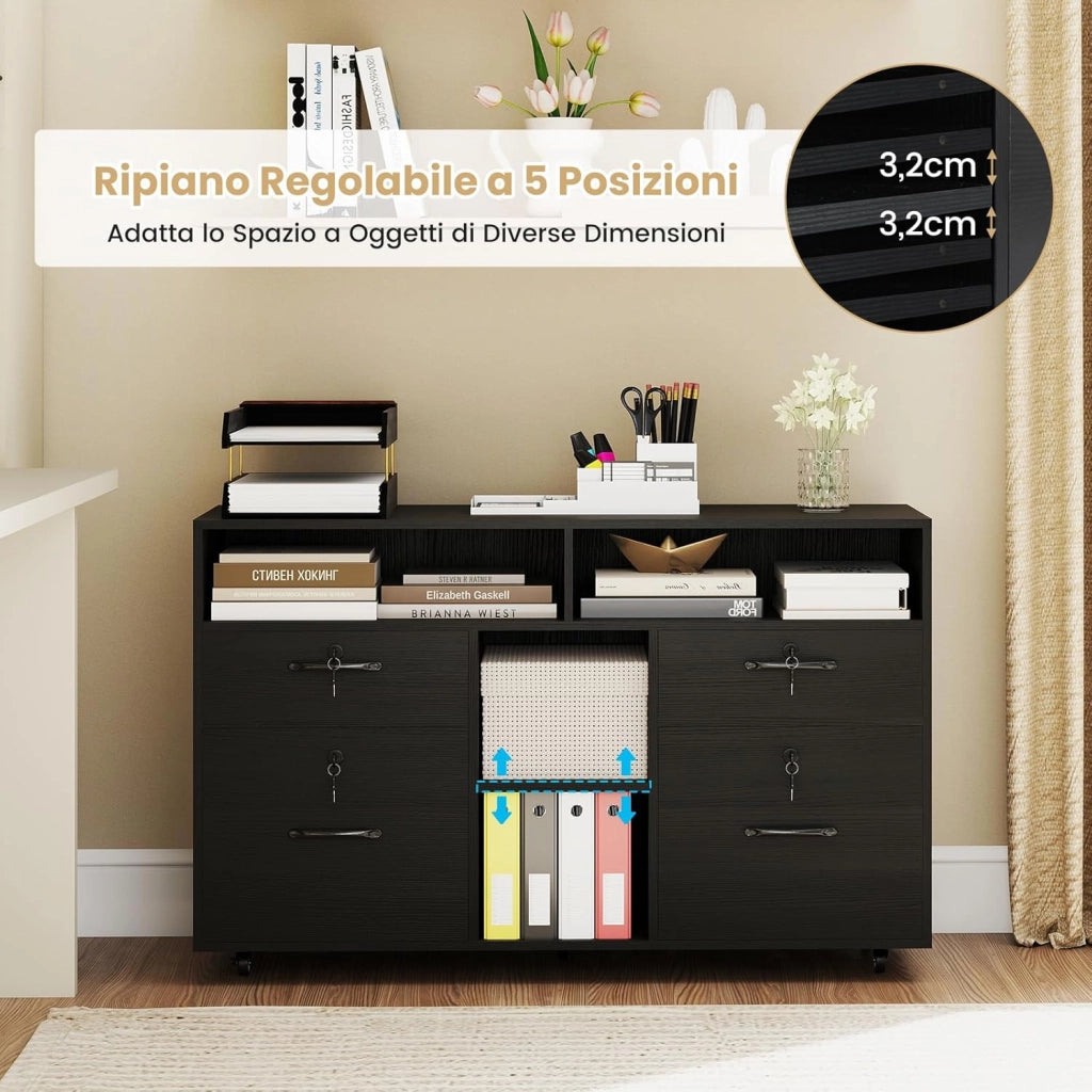 Armadietto Portadocumenti, Mobile da Ufficio Laterale con 4 Cassetti Adatto per File Formato A4/Lettera e 5 Ruote Universali Bloccabili, Credenza in Metallo per Scrivania (Nero)