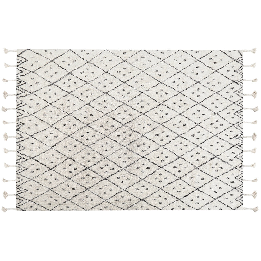 Tappeto cotone bianco sporco e nero 140 x 200 cm moderno orientale tribale nappe motivo geometrico