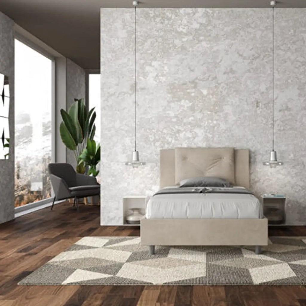 Letto una piazza e mezza con rete imbottito 120x190 microfibra sabbia Appia