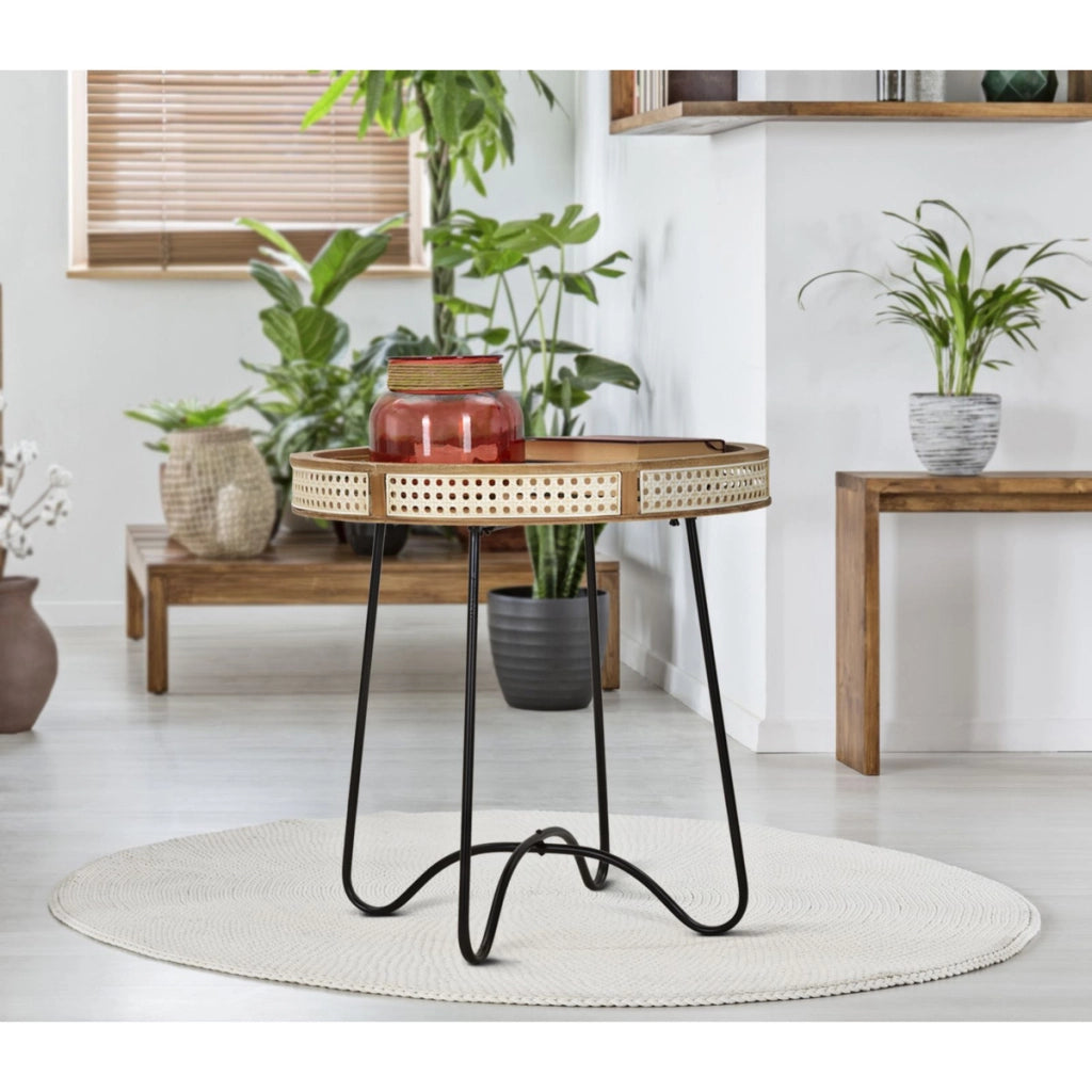 Tavolino rotondo Fuji in rattan e ferro nero — Ø 60 cm