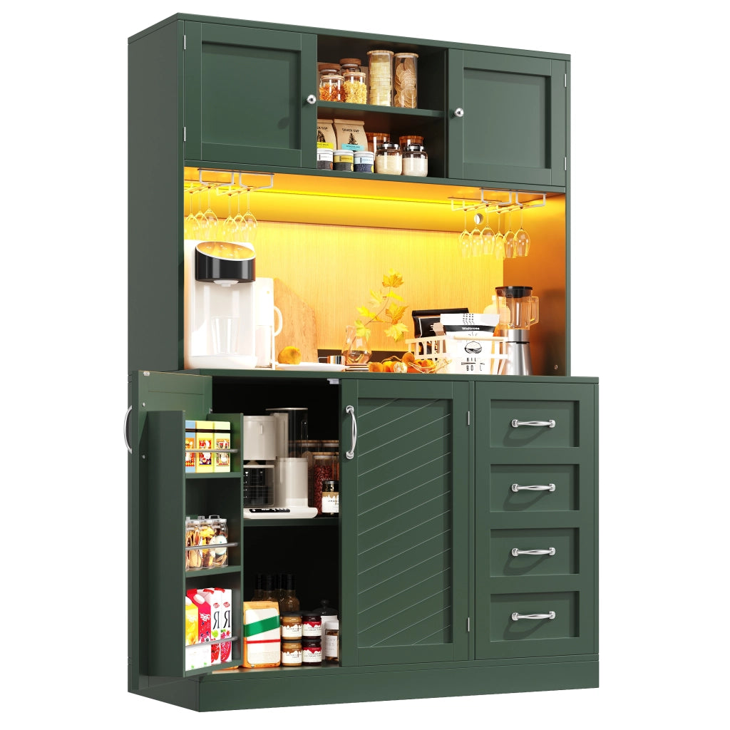 Credenza con 4 Ante 2 Cassetti Portabottiglie e LED per Sala da Pranzo in MDF Verde 120 x 40 x 188 cm