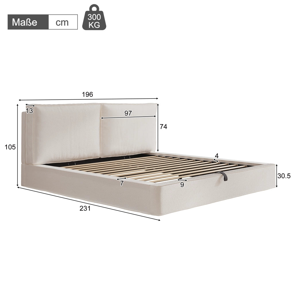 Letto imbottito letto doppio 180 x 200cm letto idraulico funzionale letto con telaio a listelle testiera testiera imbottita beige bouclé