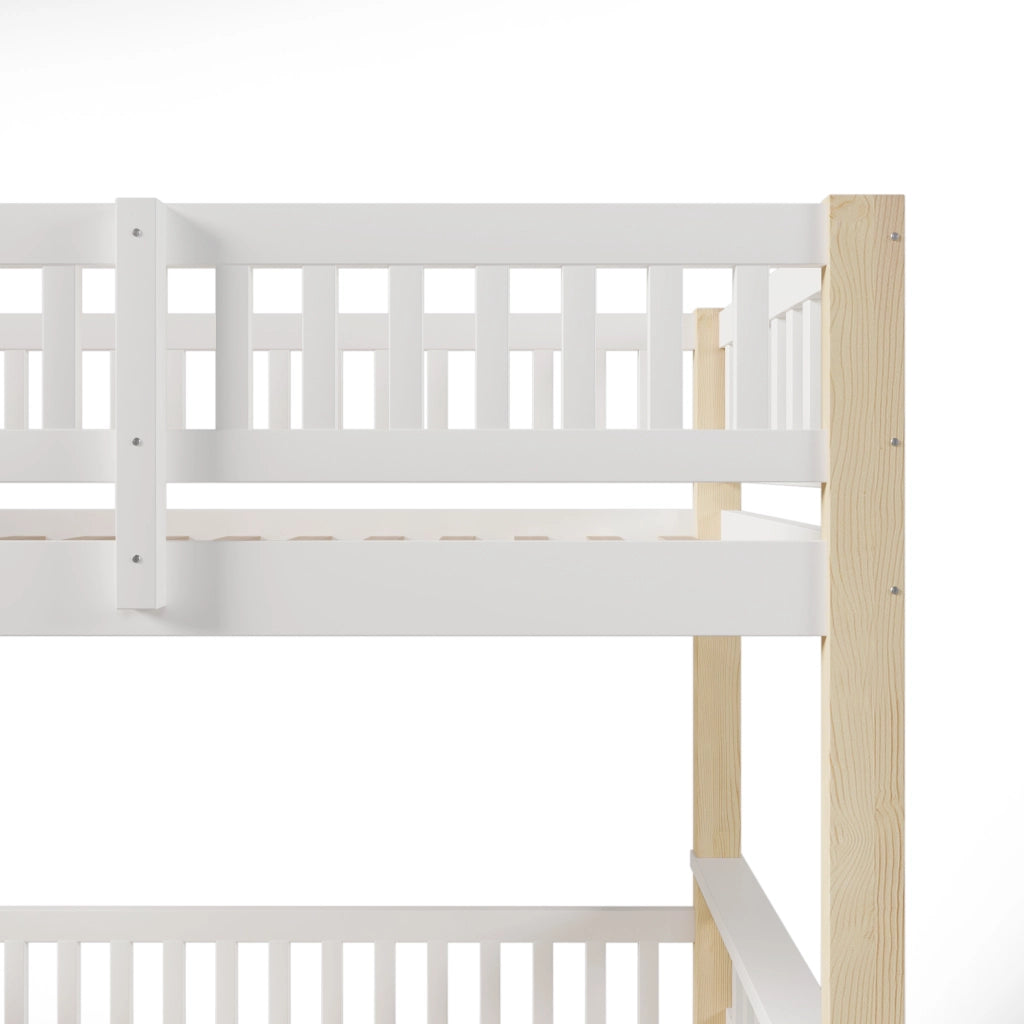 OKWISH Letto a Castello 90×200 cm e 140×200 cm, Letto 3 Posti con Scala e Sponde, senza Materasso, in Pino, Bianco e Naturale