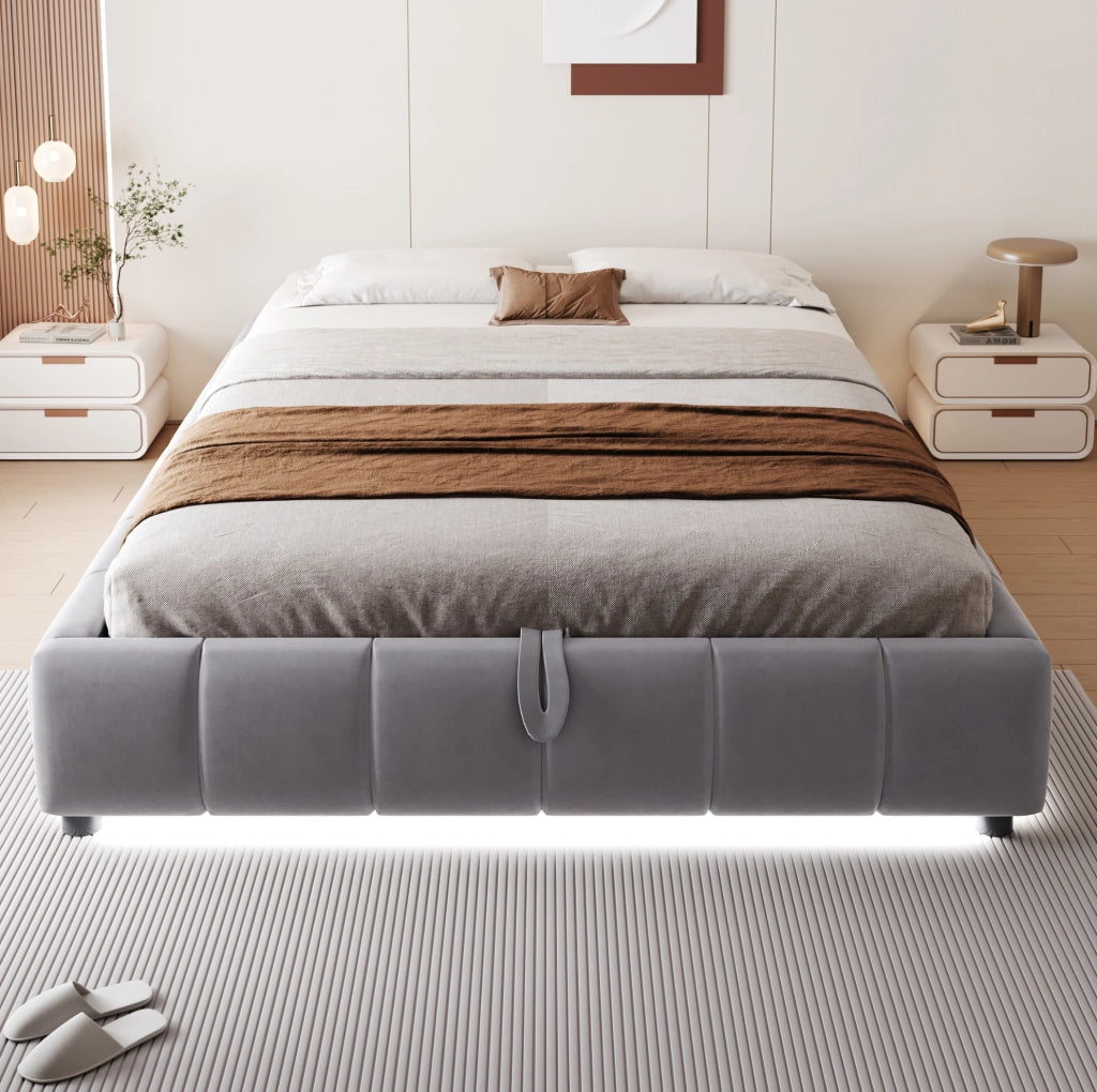 Letto imbottito 140x200 cm con contenitore e LED grigio