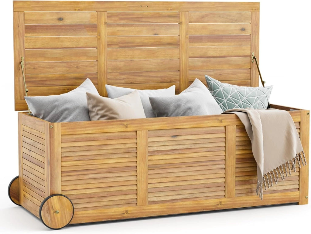 Baule da Esterno con Ruote 182 L, Contenitore da Giardino con Maniglia Laterale, Panca Contenitore in Legno, per Interni e Esterni, 127 x 50 x 45 cm