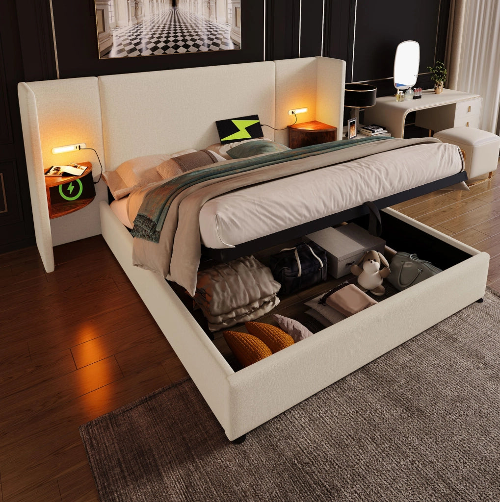Letto imbottito 160x200 cm con contenitore; luce da lettura e ricarica USB Type-C in lino beige