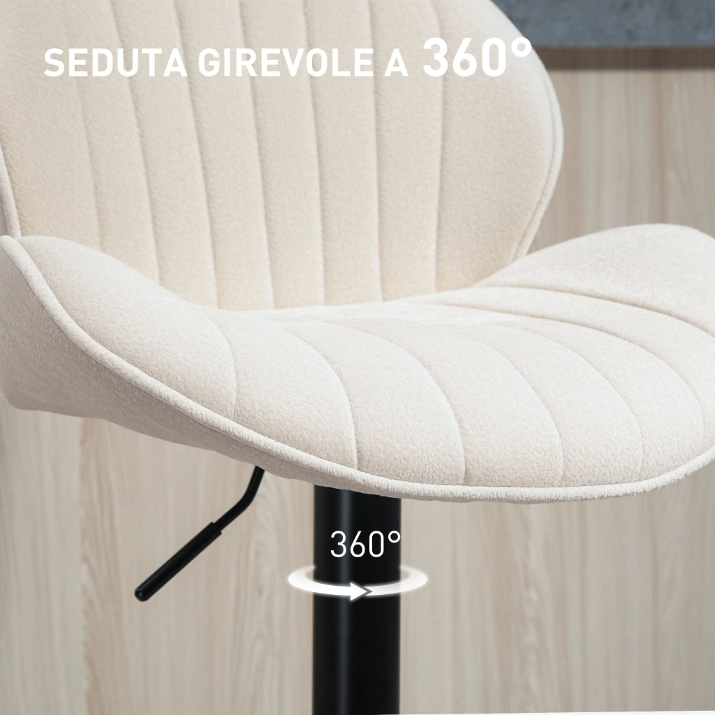Set 2 Sgabelli da Bar con Schienale a Conchiglia 48x50x94-115 cm in Tessuto Effetto Ciniglia Nero e Beige