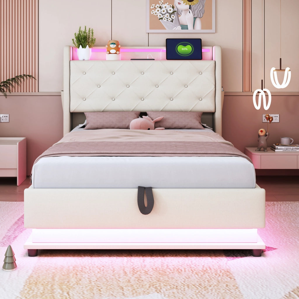 LETTO Imbottito 90x200 cm Beige con LED, USB e contenitore idraulico