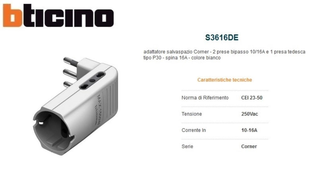Kit Adatt Corner 2 Pr Bip+1 Pr. P30 Bia - Bticino