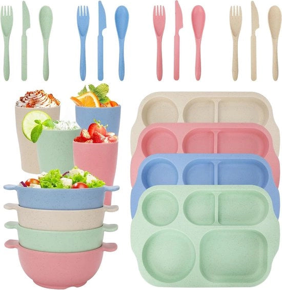 Set di servizio per 4 persone - 24 pezzi - Piatti e tazze resistenti - Servizio da tavola in plastica riciclabile - Festa a casa o in campeggio - Adatto per bambini e adulti.