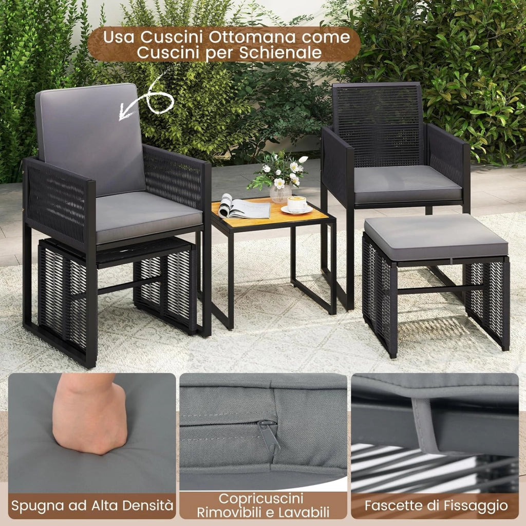 5 Pezzi Set da Esterno in Rattan PE, Set Mobili da Giardino con Cuscini, Sedie Poggiapiedi e Tavolino da Caffè, Poltrone Lounge Salvaspazio per Balcone, Piscina e Cortile