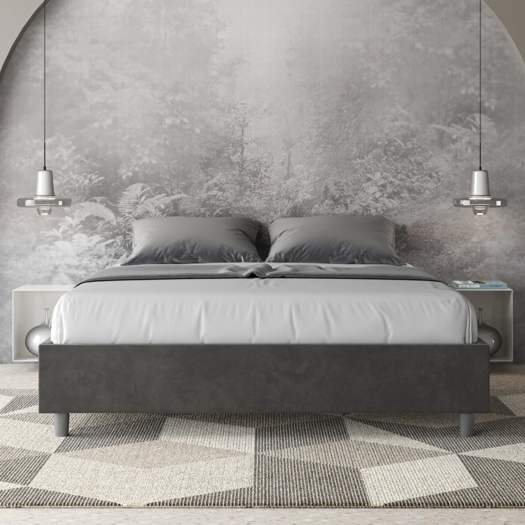 BS COM Letto matrimoniale con rete imbottito 160x200 microfibra grigio