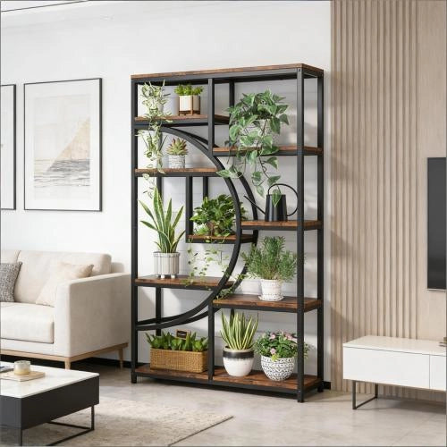 LIBRERIA geometrica a 9 ripiani aperti metallo nero e legno marrone rustico