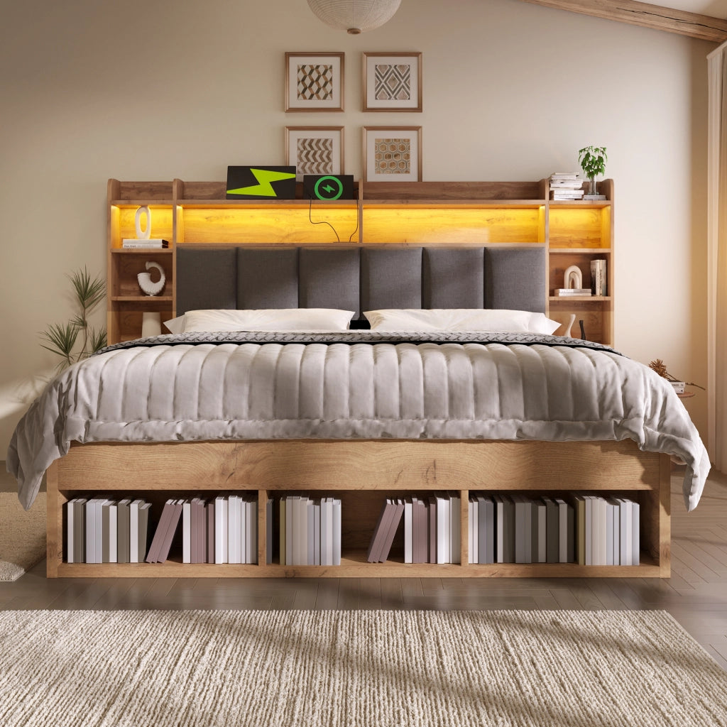 Letto Matrimoniale 180x200 cm Contenitore; LED; USB; Type-C in Legno; Rovere