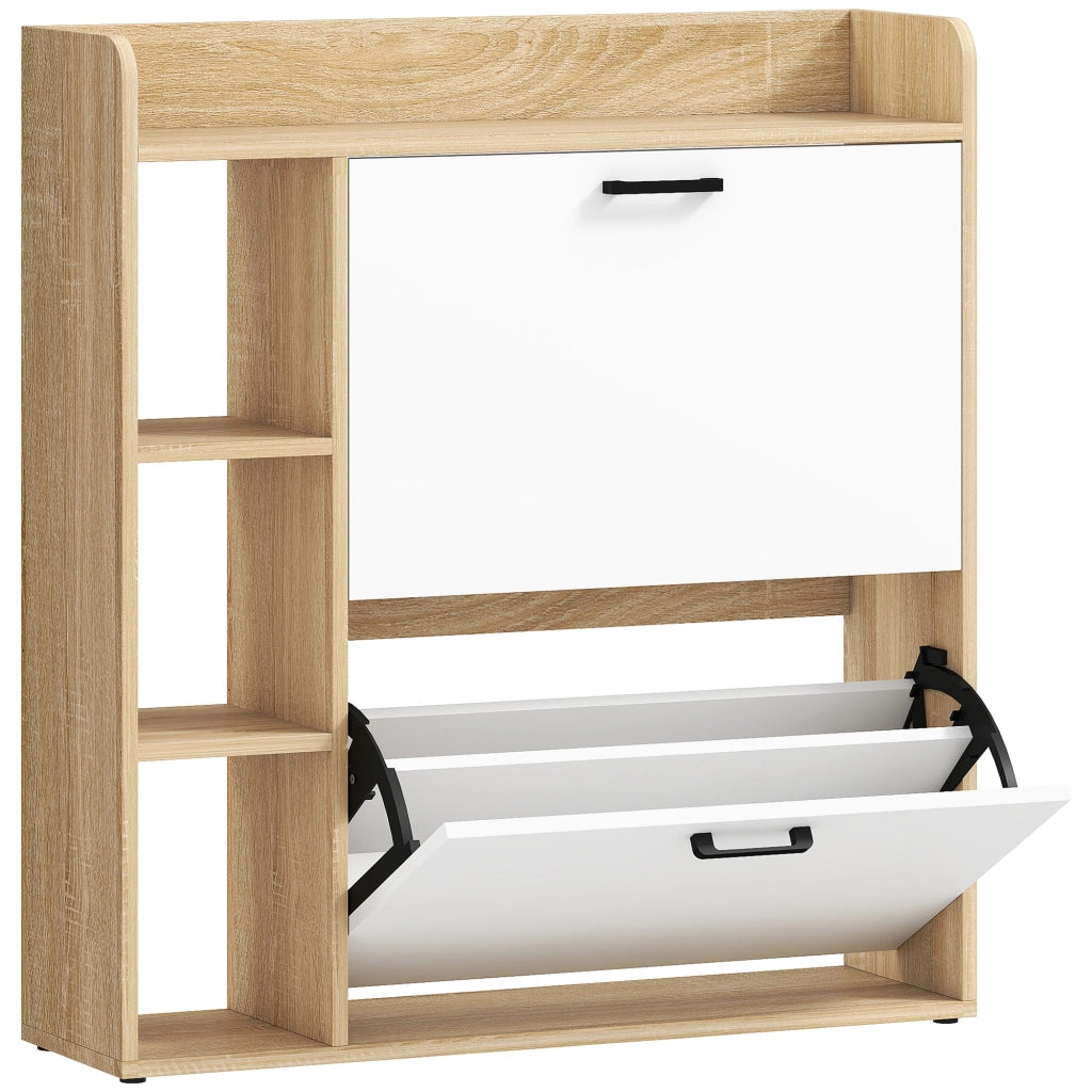 Scarpiera Slim 83x24x90,5 cm con 2 Cassetti Ribaltabili e 3 Vani Aperti Capacità 15 Scarpe Color Legno e Bianco