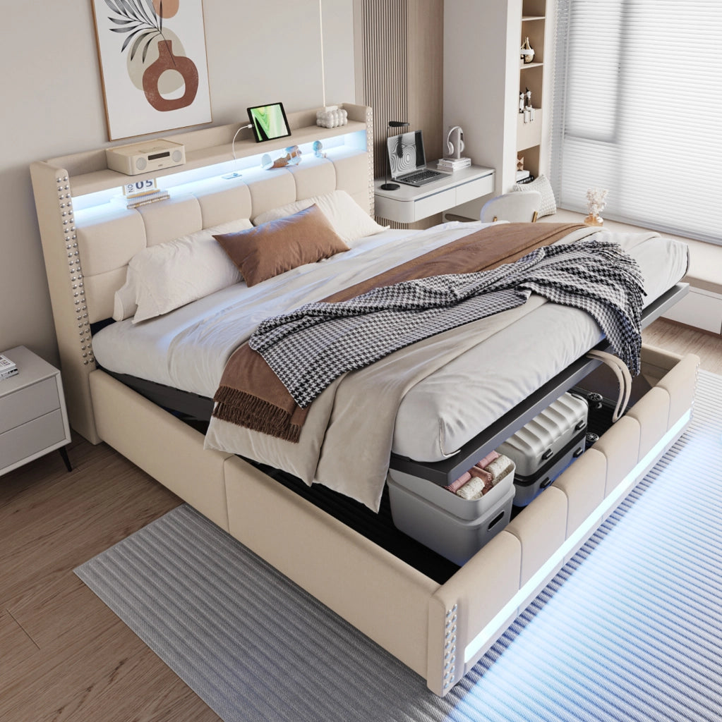 Letto imbottito 180x200 cm con contenitore; LED e USB in lino