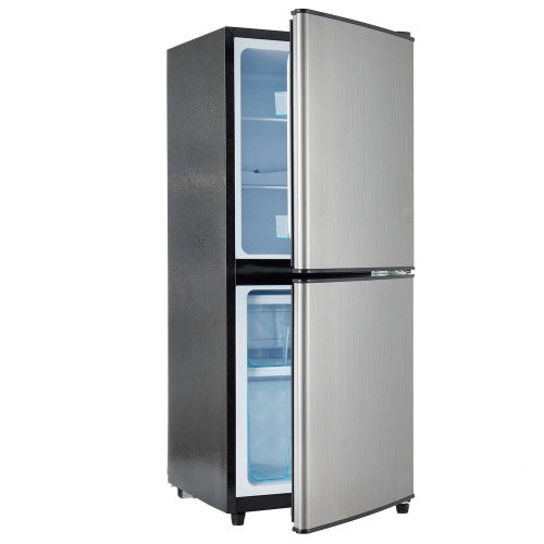 Mini frigorifero; congelatore; volume totale 106L; compartimento frigorifero da 60L; compartimento freezer da 46L; illuminazione LED; mensole regolabili; efficiente energetico; nero+argento