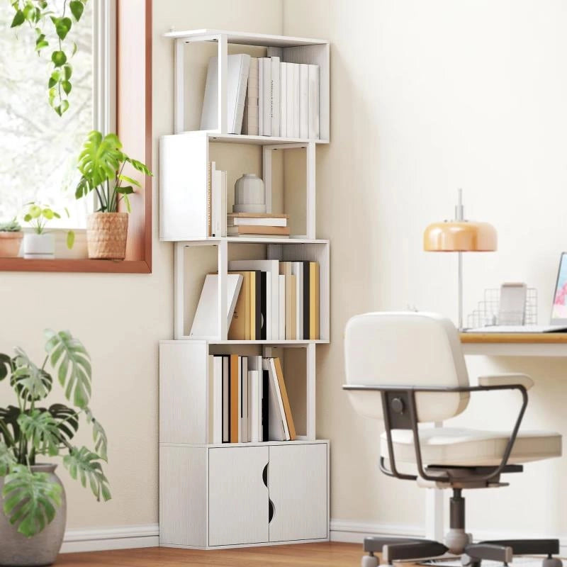 LIBRERIA MODERNA CON 5 RIPIANI E ARMADIETTO A 2 ANTE IN LEGNO, 60X23.8X179.2 CM, BIANCO