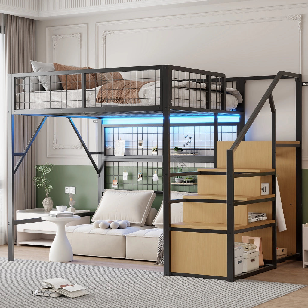 LETTO a soppalco 140x200 cm Metallo Nero con scala e contenitore
