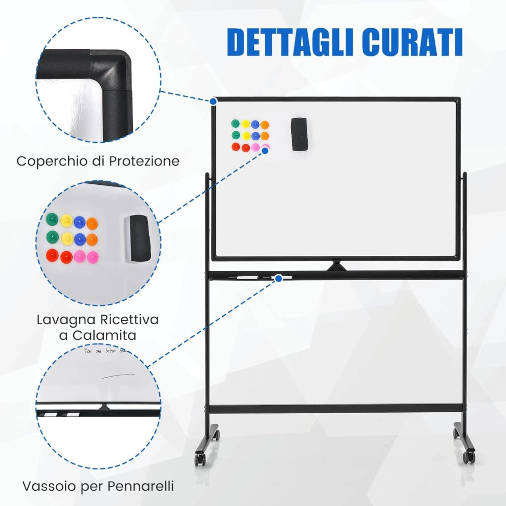 Lavagna Bianca Portatile con Ruote, Lavagna Bianca Regolabile in Altezza, Lavagna a Secco Reversibile per Scuola, Ufficio, Casa, 80 x 120 cm (Nero)