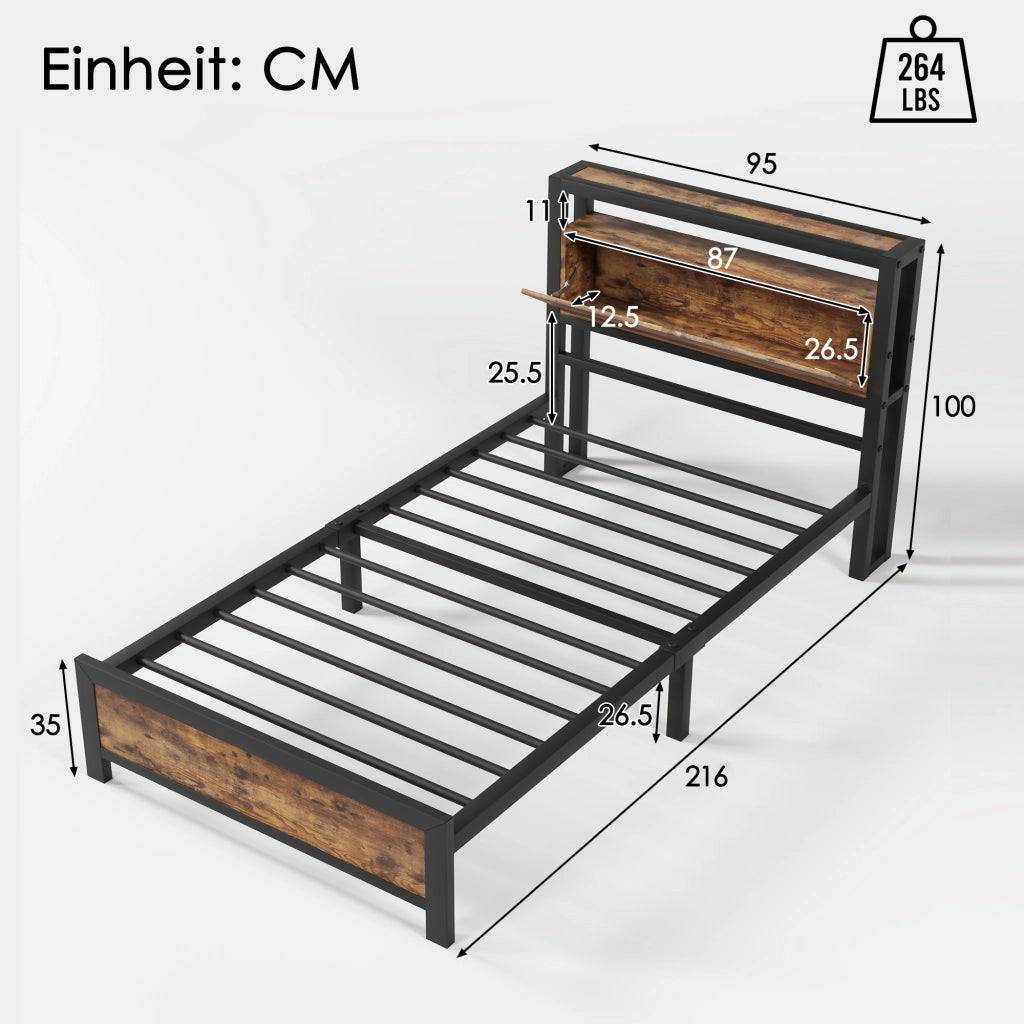 Letto singolo in metallo con testiera contenitore; doghe in metallo; nero; 90x200 cm; senza materasso