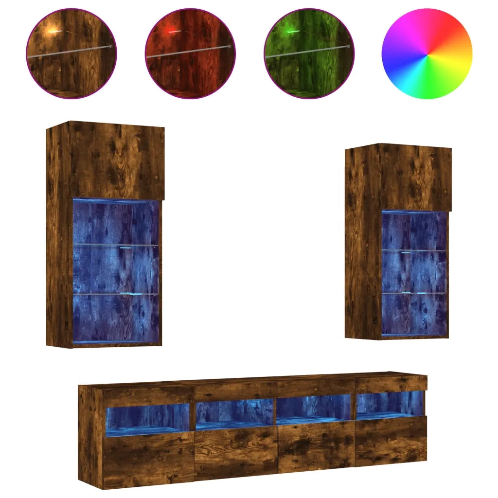 Mobili TV a Muro con LED 5pz | Armadietto TV | Mobile Porta TV Rovere Fumo in Legno Multistrato