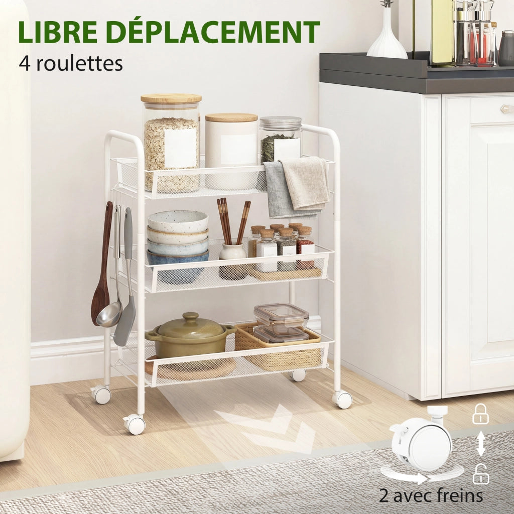 Carrello 3 Ripiani con Ruote ¨C Xylo ¨C Bianco 45x26,5x63 cm Salvaspazio