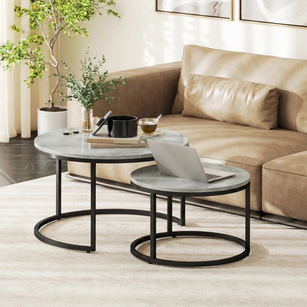 Tavolino da caff¨¨ rotondo effetto marmo ¨C Minimal ¨C 2 pezzi telaio metallo grigio