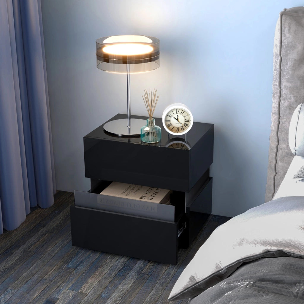 Comodino a LED con cassetti telecomando 22 modalit¨¤ di luce 10 velocit¨¤, Tavolino laterale moderno da salotto Nero-Comodini