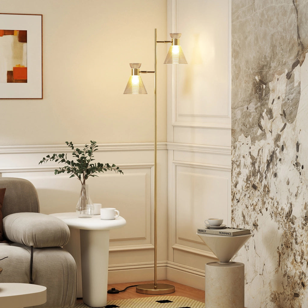 Lampada da Terra Moderna con 2 Luci e Teste Regolabili. Interruttore a Pedale. Oro