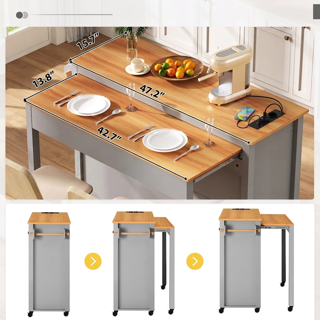 Isola Cucina Mobile con Ruote e Piano Estensibile 120×40-75 cm; Vano Porta Rifiuti; Prese AC/USB-C e Spazio Contenitore Grigio