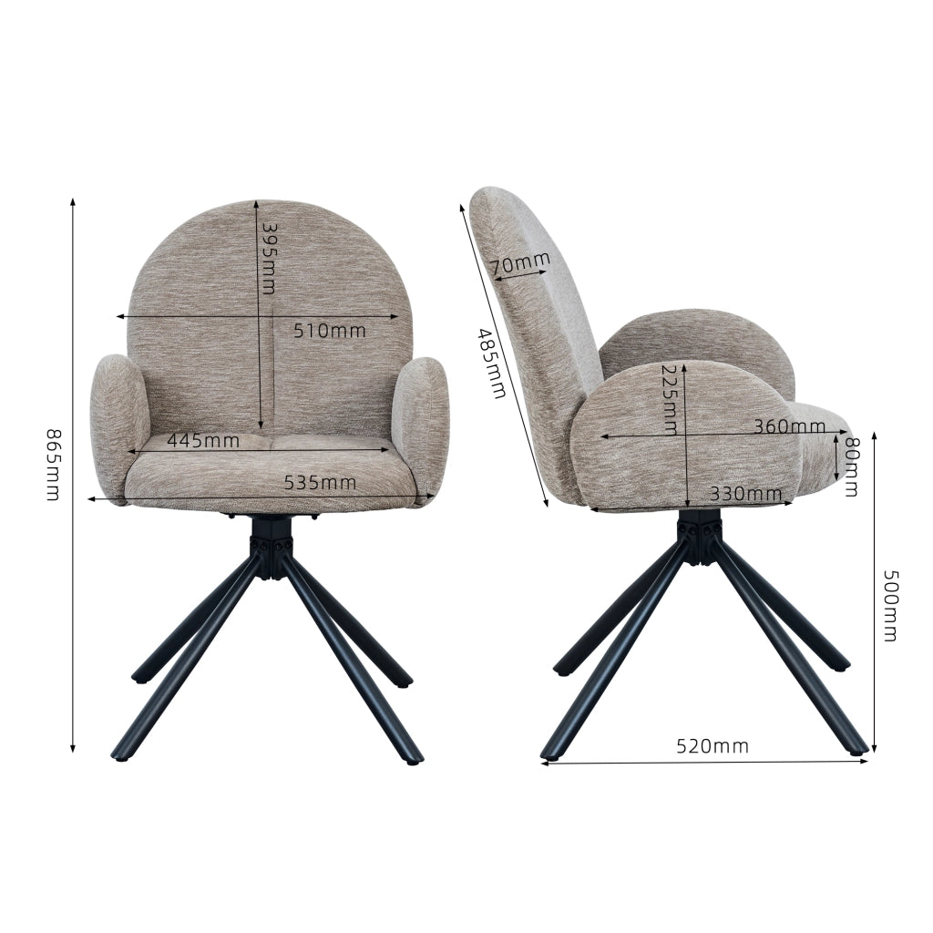 Set di 2 sedie da pranzo girevoli con braccioli, seduta effetto velluto, gambe in metallo nero, colore taupe