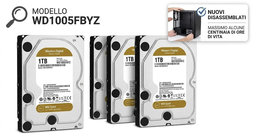 Hard Disk Interno 3.5" 1TB Western Digital WD Gold WD1005FBYZ Enterprise SATA 3 7200RPM 128MB - Nuovo Disassemblato (New Pull) linea Enterprise / Datacenter