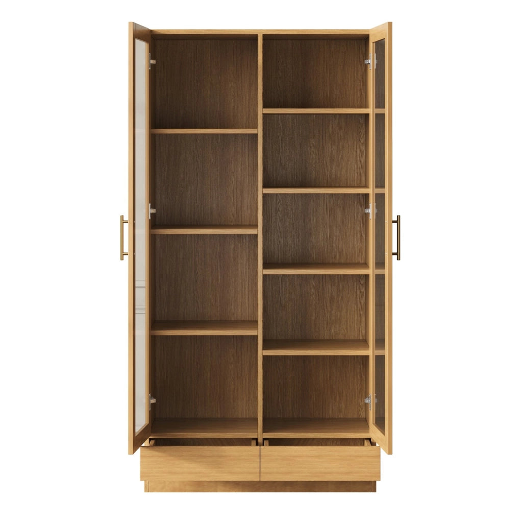 Vetrina 80x40x160 cm con ripiani sfalsati e cassetto push-to-open; naturale