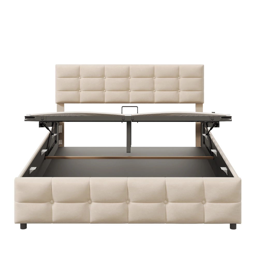 Letto contenitore matrimoniale 180×200 cm con rete sollevabile idraulica; senza materasso; velluto olandese; beige