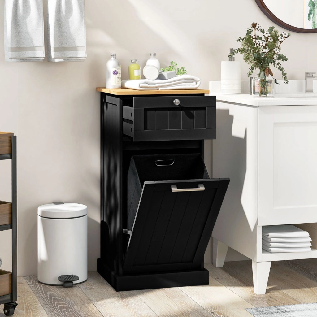 Mobiletto per lavanderia con cesto, Cesto per biancheria a ribalta autoportante con cassetto 40x37x82cm Nero-Cesti del bucato
