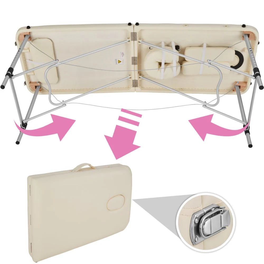 Lettino da massaggio portatile pieghevole in alluminio a 2 sezioni + telo beige 2008133