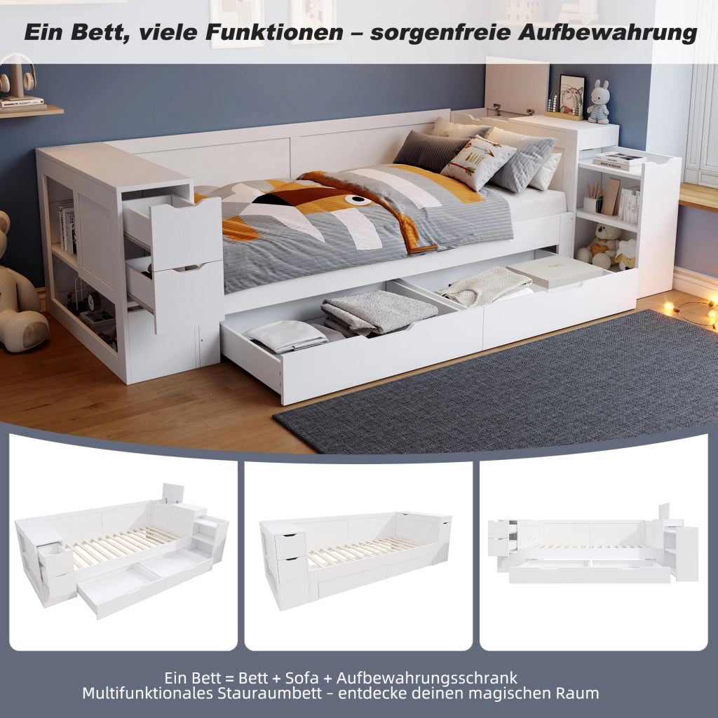 Letto a Divanetto 90x200 cm; Letto Singolo con Cassetti e Contenitore in MDF Bianco